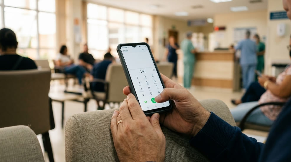 Mãos discando o número 192 em um celular numa sala de espera, imagem ilustrativa gerada por IA sobre como agir em casos como o do empresário ferido em Celso Bueno