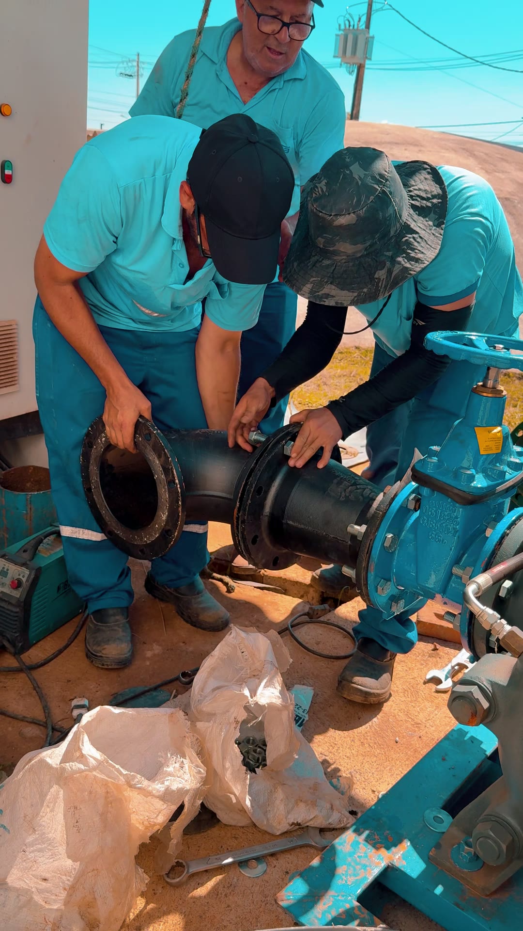 Trabalhadores do DAEPA encaixam a tubulação da bomba na troca de equipamentos do Morada Nova e do Dona Diva