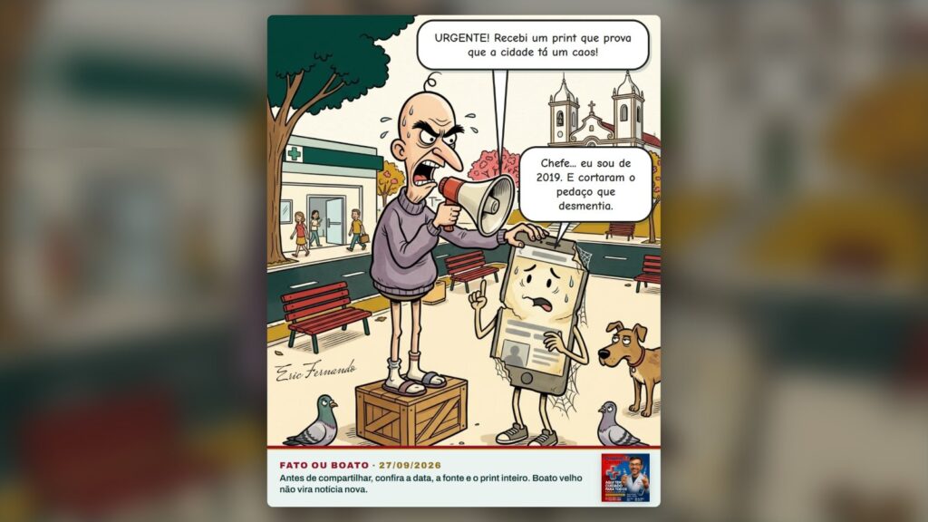 Charge Fato ou Boato: homem no caixote grita no megafone segurando um print amassado e cheio de teia, que tenta avisar que é de 2019. Charge de Eric Fernando, ilustração feita com IA