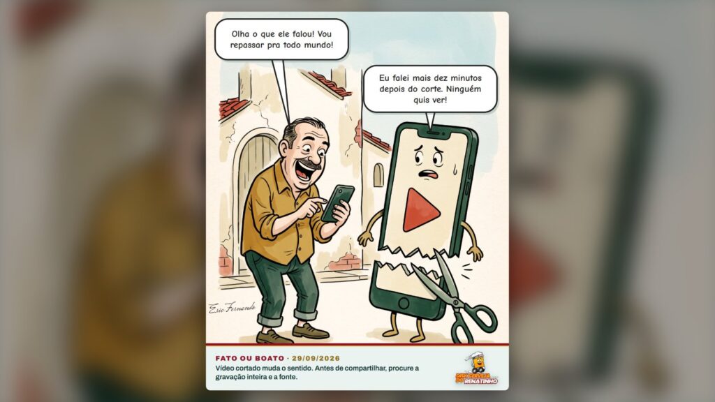 Charge Fato ou Boato: homem empolgado prestes a compartilhar no celular um vídeo que é um celular cortado ao meio por uma tesoura. Charge de Eric Fernando, ilustração feita com IA