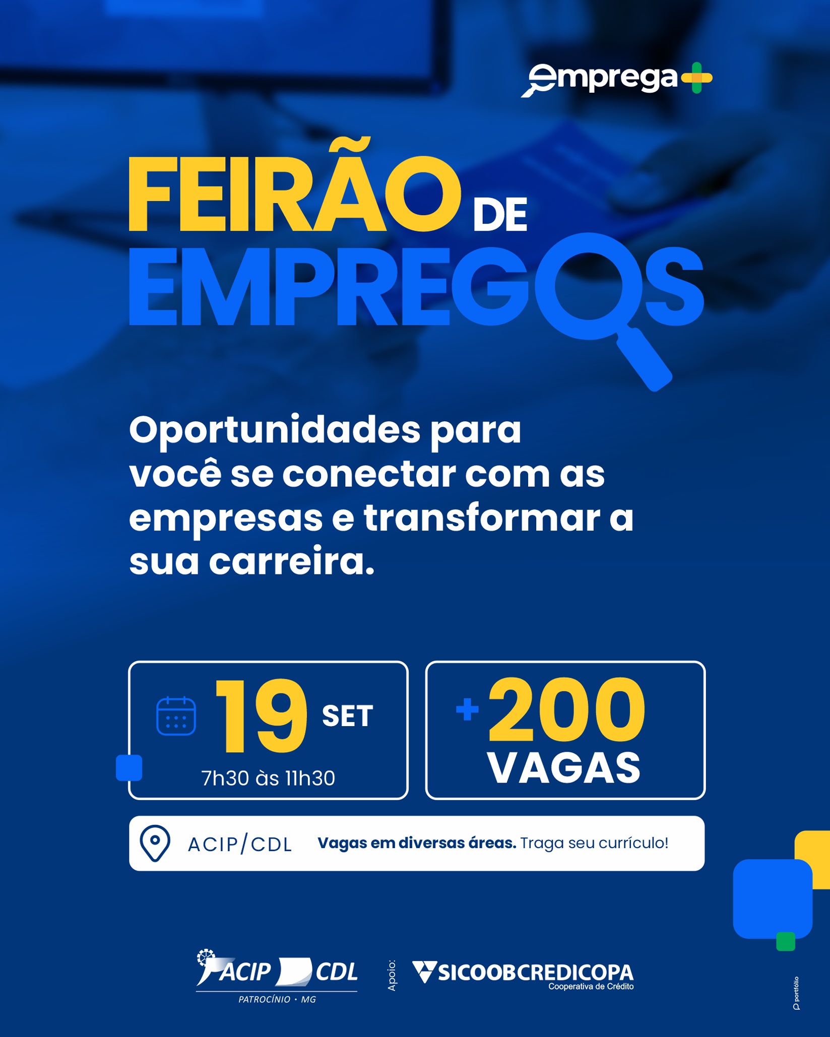 Cartaz do Feirão de Empregos da ACIP/CDL em Patrocínio, com data, horário e número de vagas