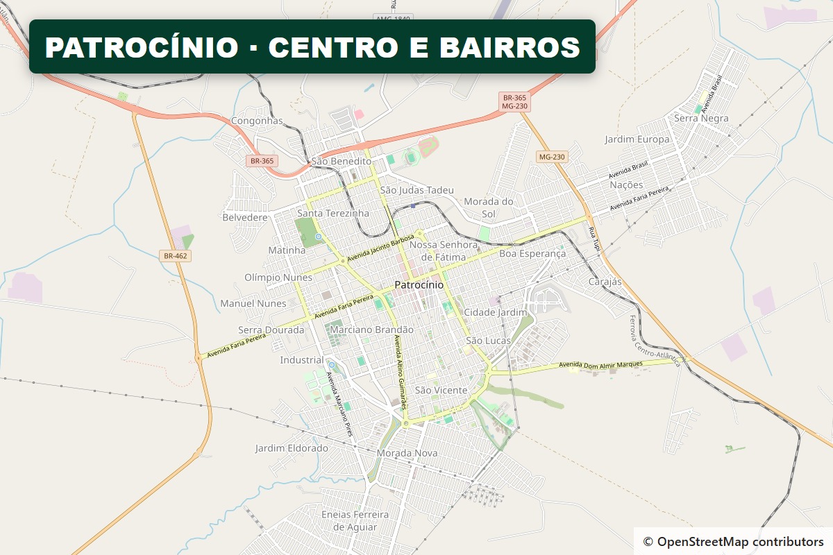 Mapa da região central de Patrocínio, com o bairro Nossa Senhora de Fátima, onde houve o furto de bolsa