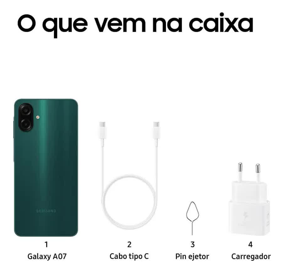 Itens que vêm na caixa do Galaxy A07: aparelho, cabo USB-C, pino ejetor e carregador