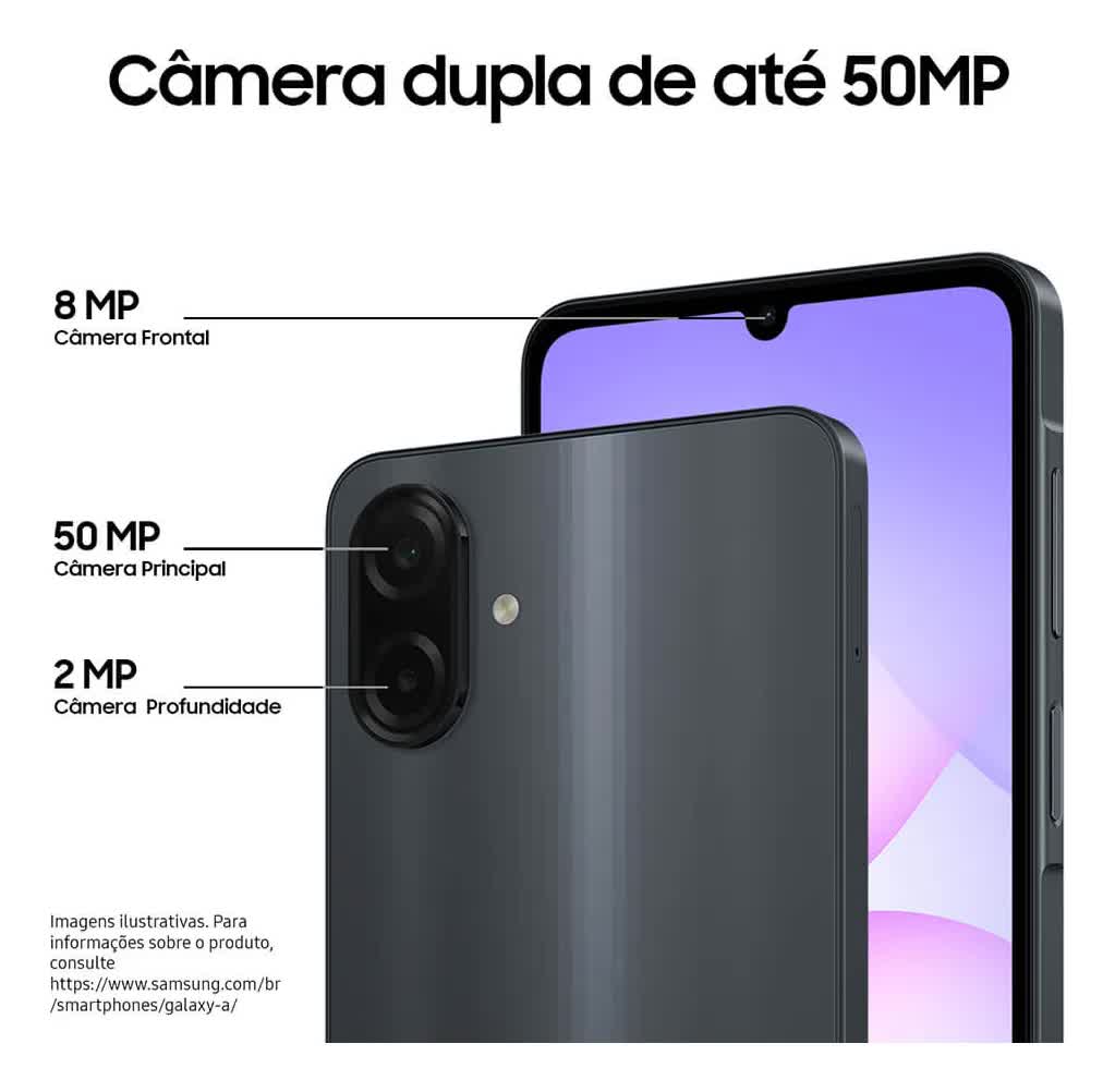 Câmera principal de 50 MP do Galaxy A07 e câmera frontal de 8 MP