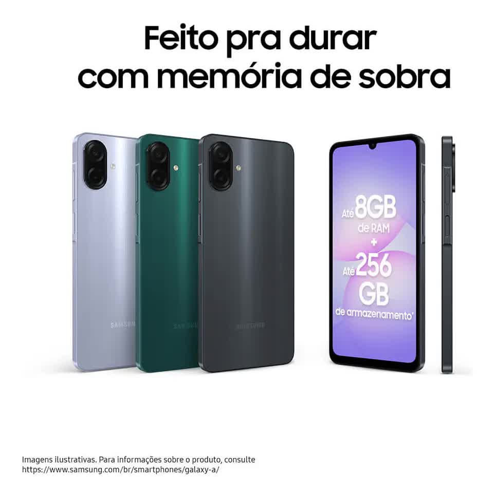 Galaxy A07 com 8 GB de RAM e 256 GB de armazenamento, nas cores prata, verde e preto