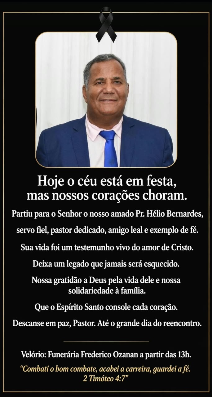 Homenagem ao pastor Hélio Bernardes compartilhada nas redes sociais de Patrocínio