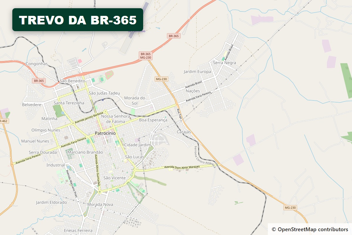 Mapa do trecho urbano da tentativa de homicídio na BR-365, em Patrocínio, com o contorno da rodovia junto aos bairros da cidade