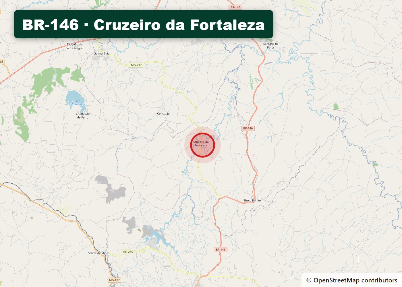 Mapa da BR-146 em Cruzeiro da Fortaleza e Brejo Bonito, onde terminou a internação compulsória