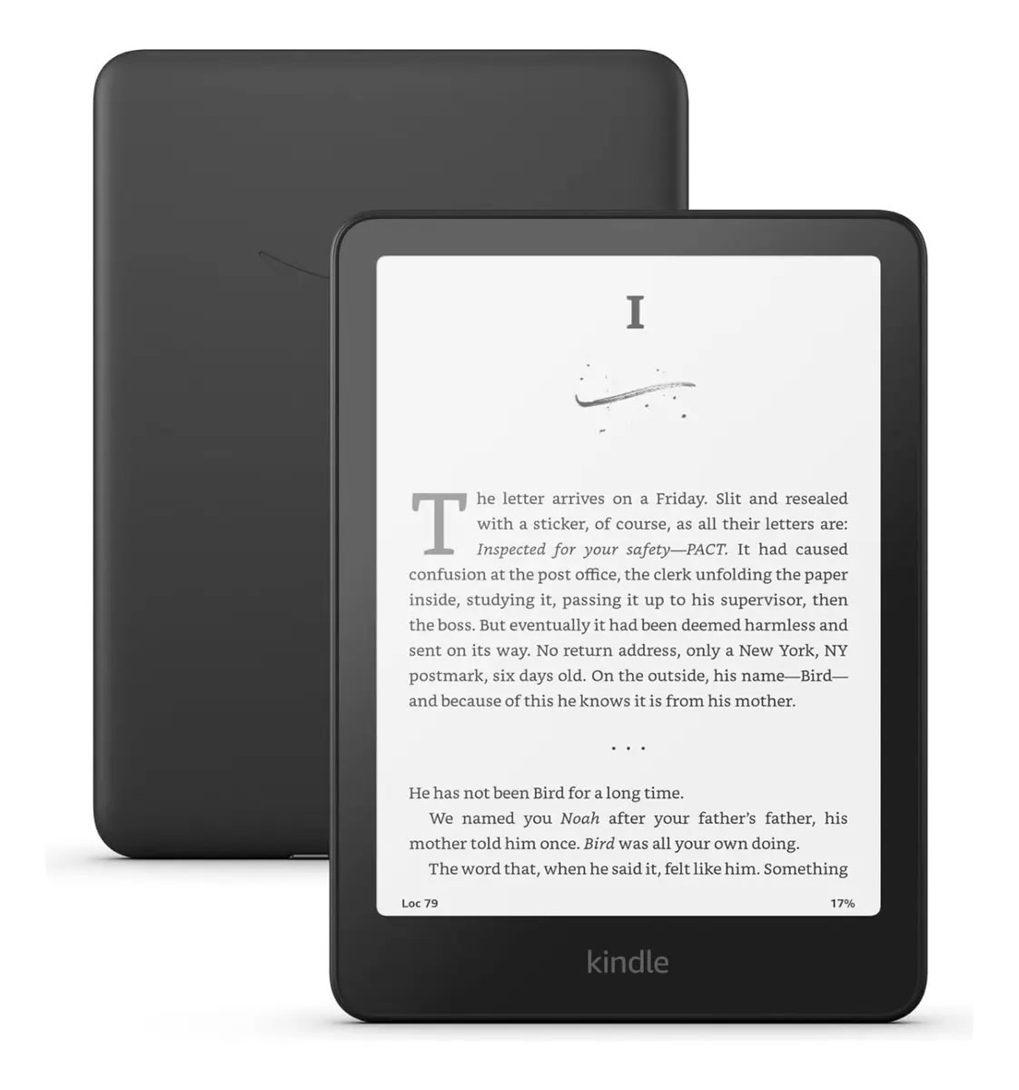 Kindle Paperwhite de 12ª geração, preto, visto de frente e de costas com um texto na tela