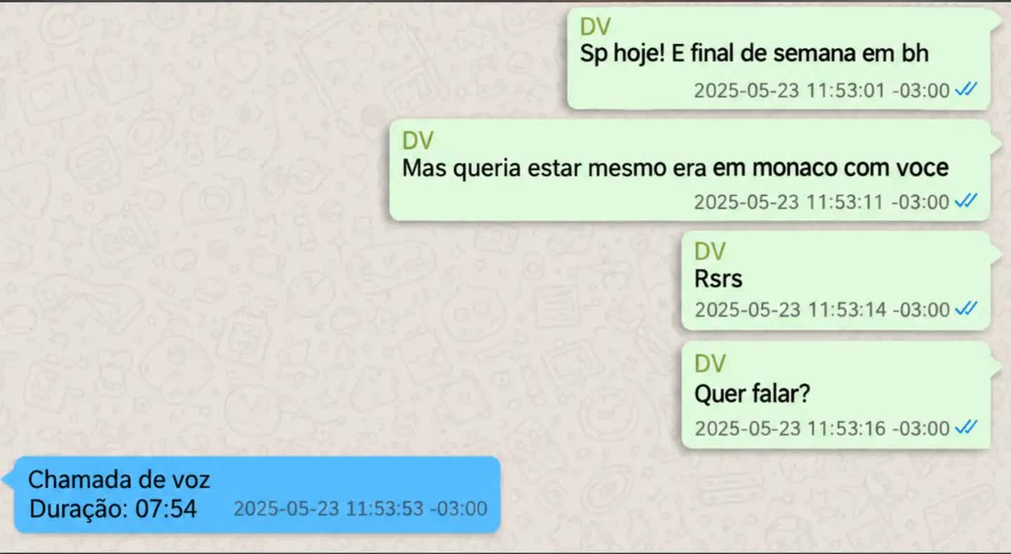 Trecho das mensagens de Vorcaro e Hugo Motta extraídas pela PF, com a frase sobre Mônaco e uma chamada de voz de 7 minutos e 54 segundos