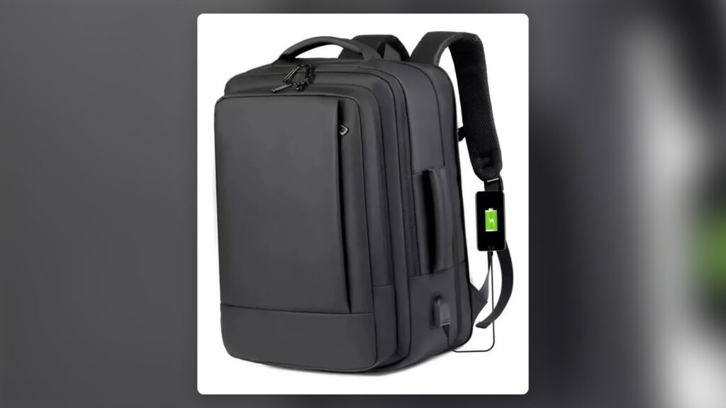 Mochila preta impermeável e expansível com saída USB