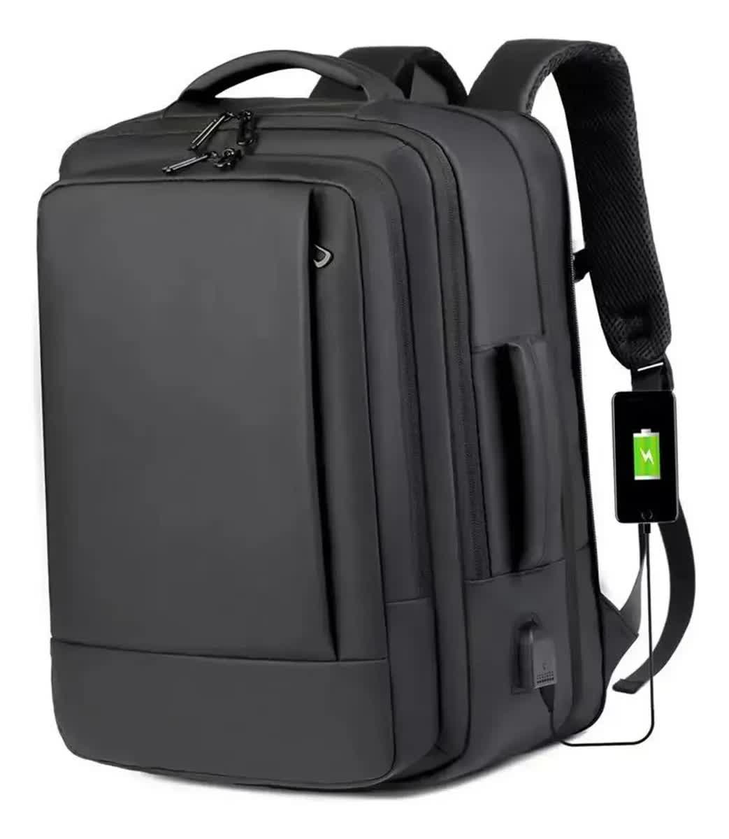 Mochila preta impermeável e expansível com saída USB
