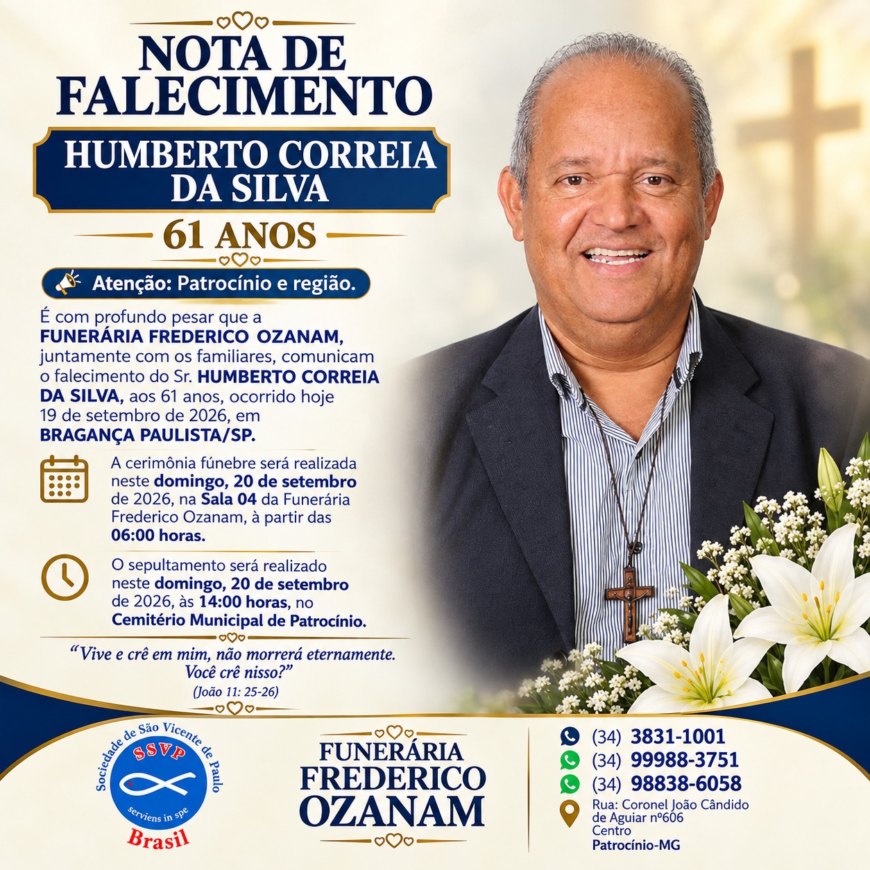 Nota de falecimento de Humberto Correia divulgada pela Funerária Frederico Ozanam, com horários de velório e sepultamento