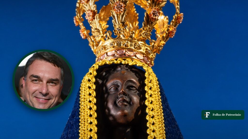 Imagem de Nossa Senhora Aparecida, padroeira do Brasil, com o senador Flávio Bolsonaro em um círculo à esquerda
