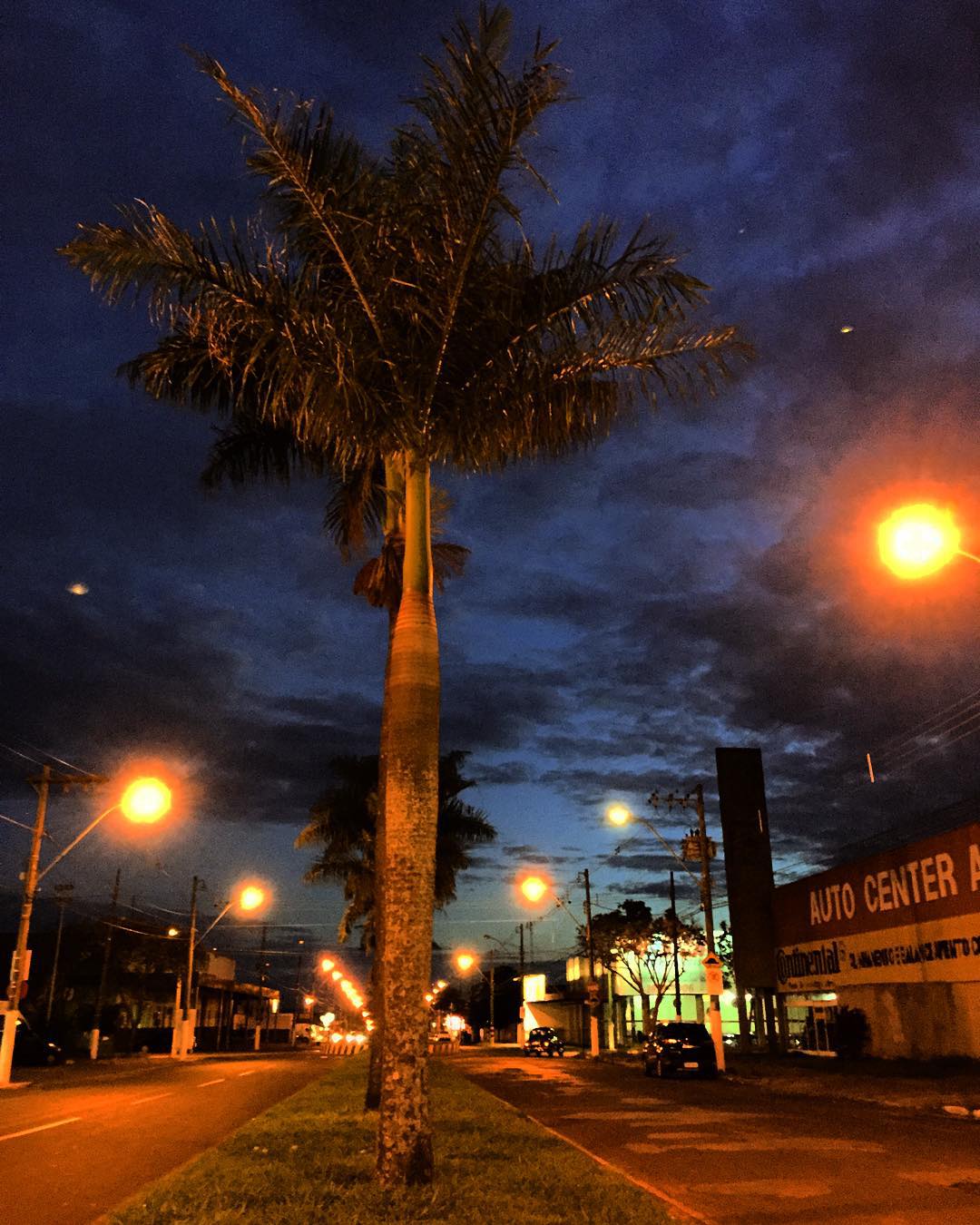 Avenida de Patrocínio à noite com postes acesos, ilustrando a bandeira verde em outubro