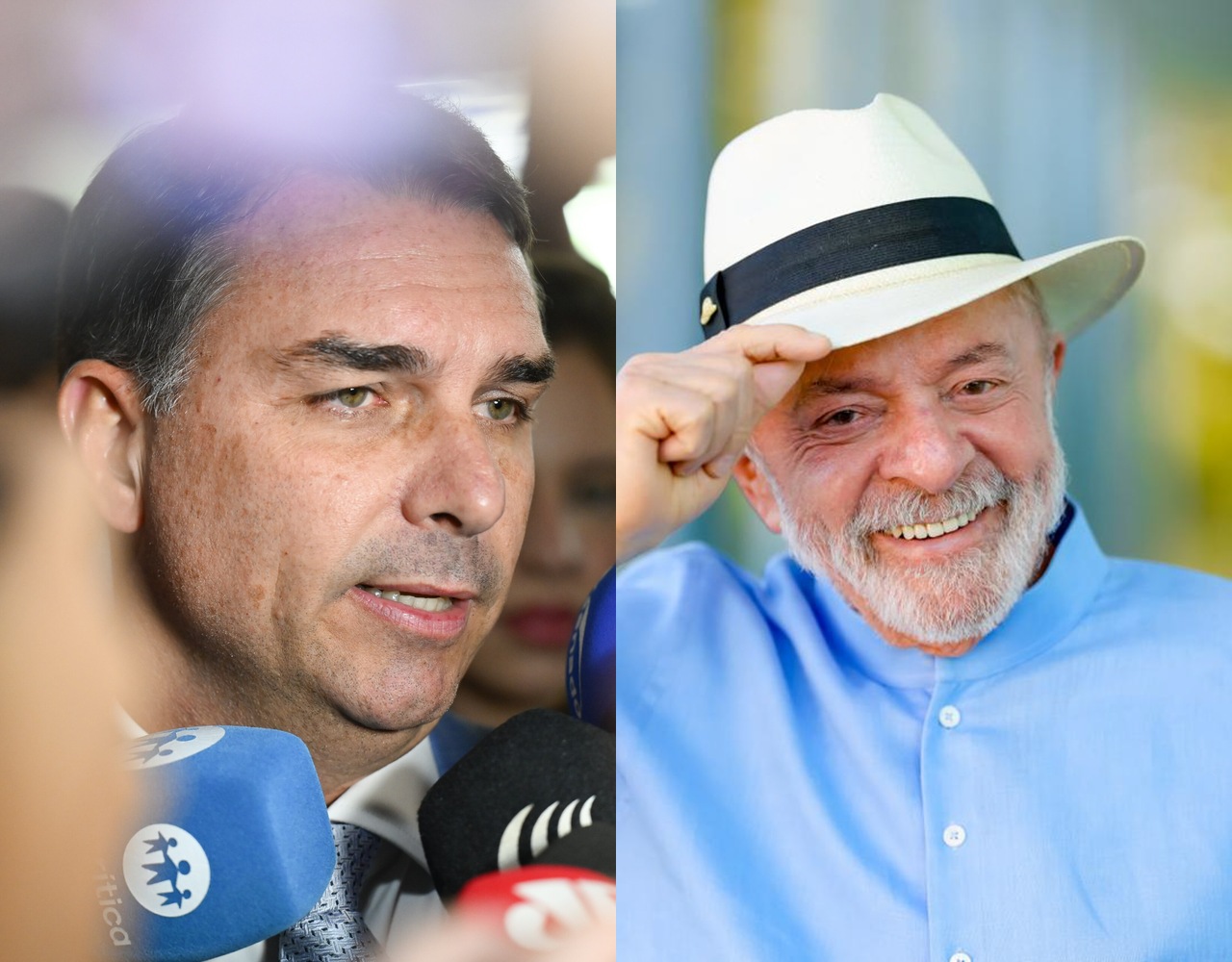Flávio Bolsonaro e Lula lado a lado, os dois candidatos medidos pela pesquisa Veritá em Minas