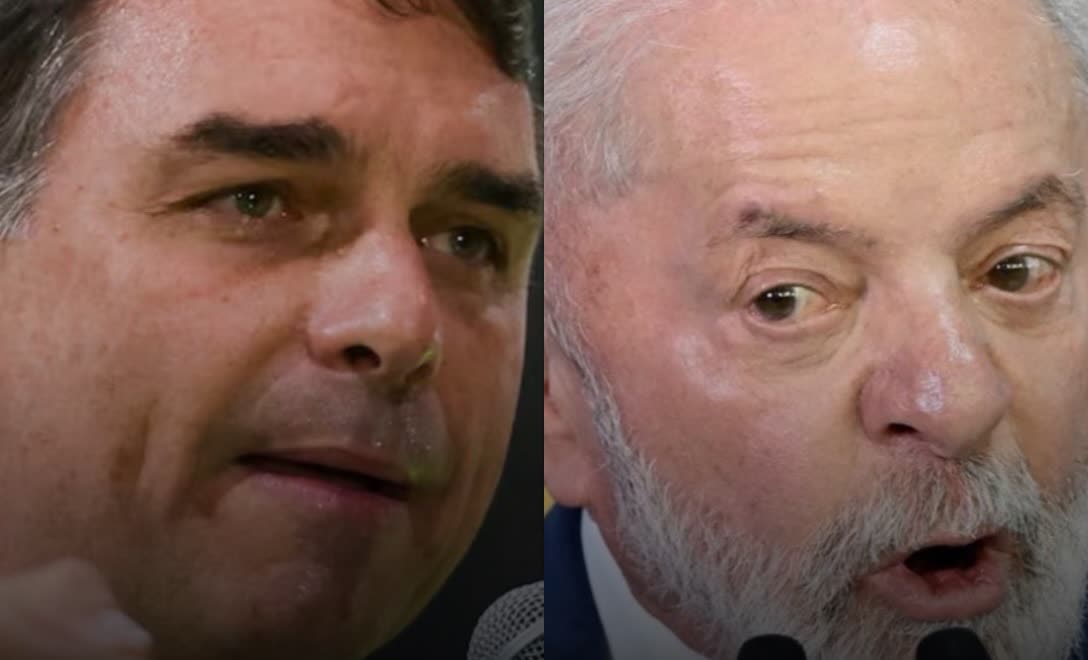 Flávio Bolsonaro e Lula lado a lado em imagem que ilustra a pesquisa Veritá do primeiro turno de 2026