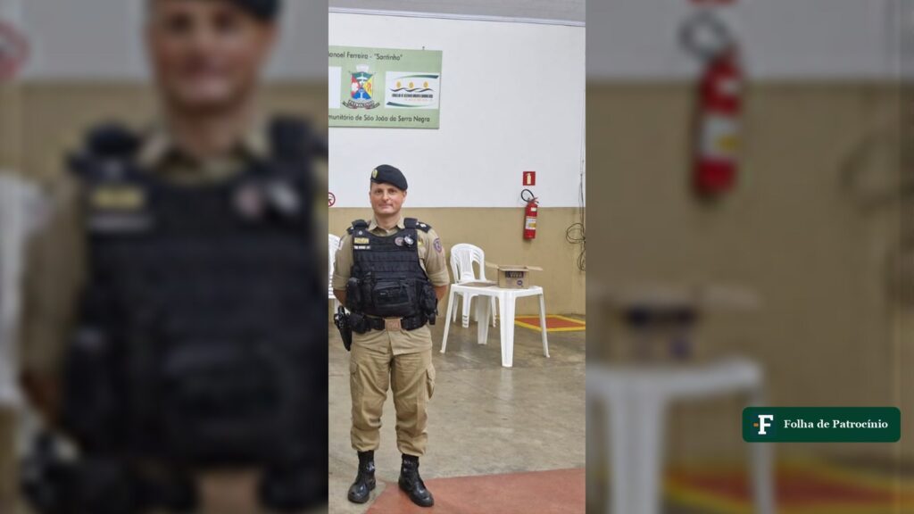 Policial militar fardado em evento comunitario, representando a Policia Militar em Patrocinio