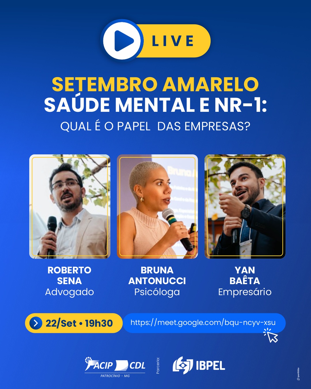 Card de divulgação da live sobre saúde mental no trabalho promovida pela ACIP/CDL Patrocínio
