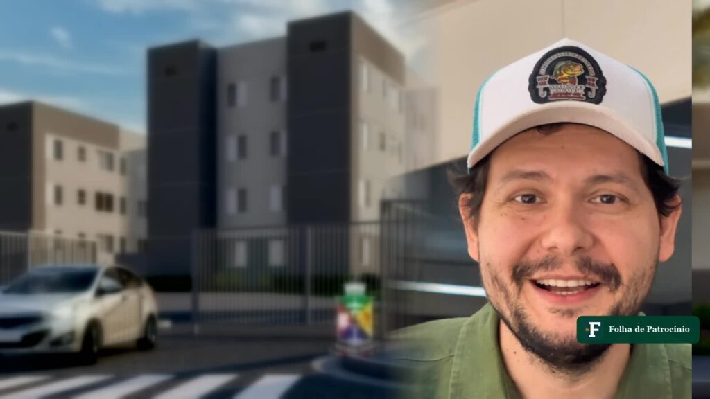 Montagem com o prefeito Gustavo Brasileiro e, ao fundo, prédios do tipo que vai receber os apartamentos em Patrocínio