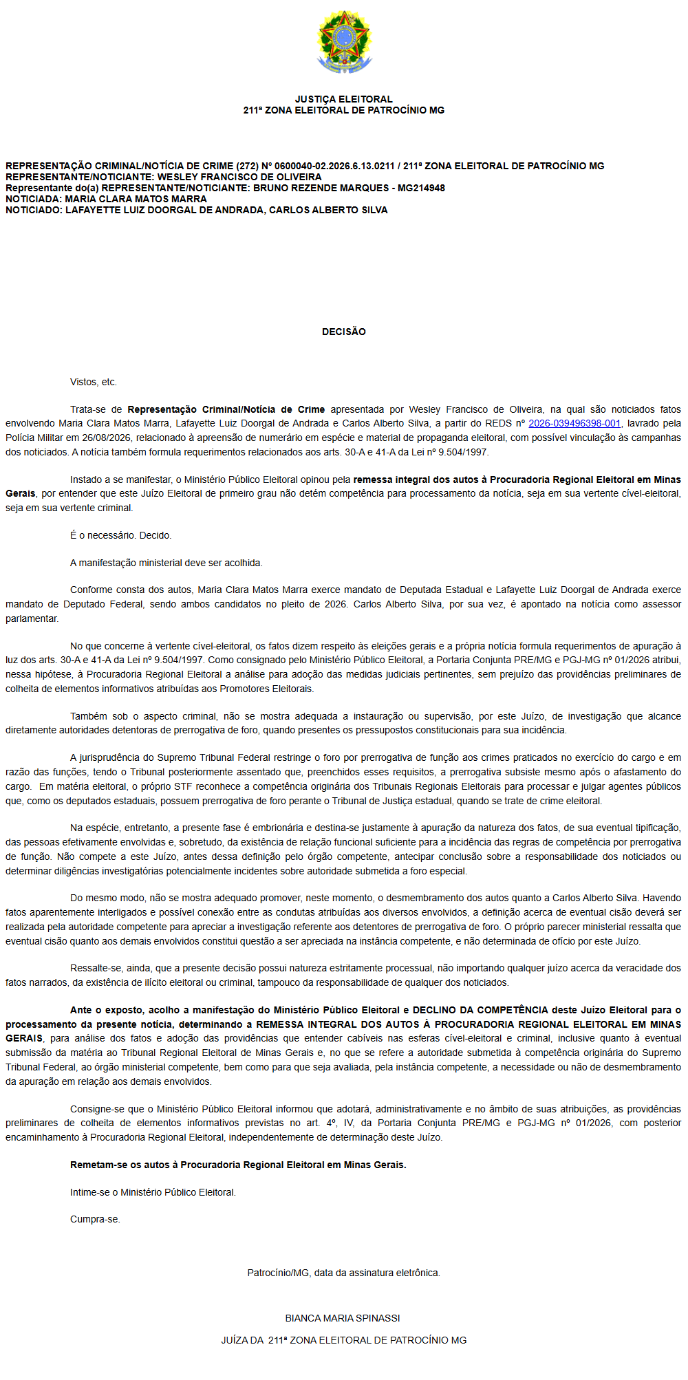 Print da decisão da 211ª Zona Eleitoral sobre o declínio de competência no caso de Maria Clara Marra