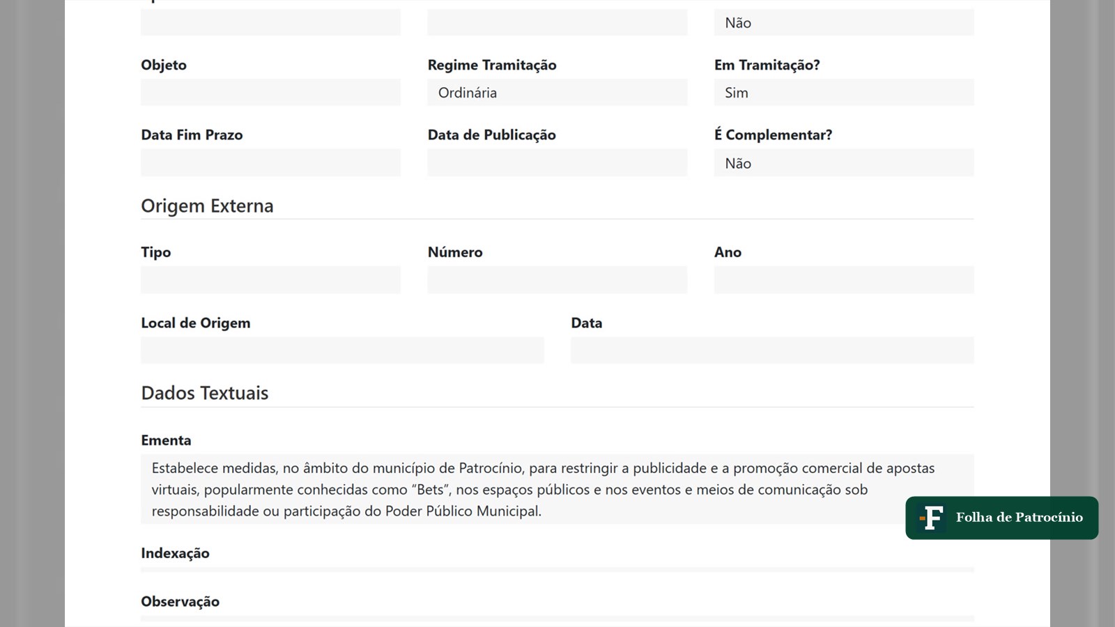 Tela do sistema da Câmara mostrando o projeto sobre publicidade de bets ainda em tramitação