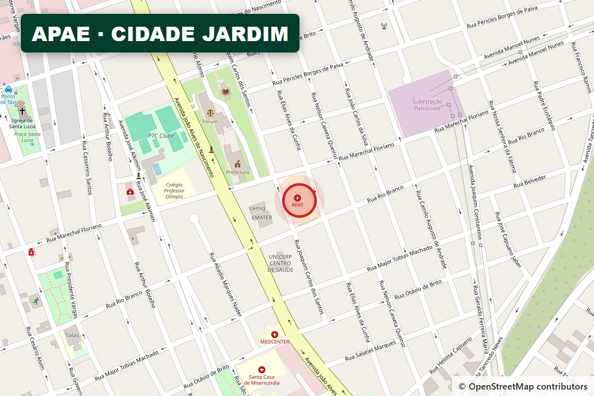 Mapa do entorno da APAE de Patrocínio, no Cidade Jardim, onde fica a nova sala de acolhimento