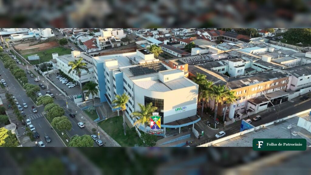 Vista aérea do prédio da Policlínica e UPA 24h de Patrocínio, unidades ligadas à Secretaria de Saúde