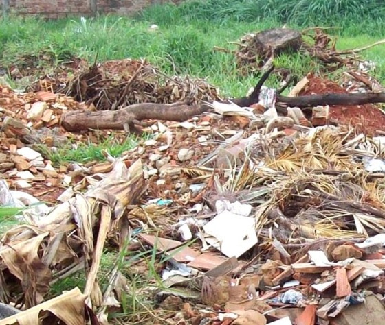 Detalhe de entulho, restos de poda e lixo em terreno baldio, situação que a lei de limpeza de terrenos de Patrocínio proíbe