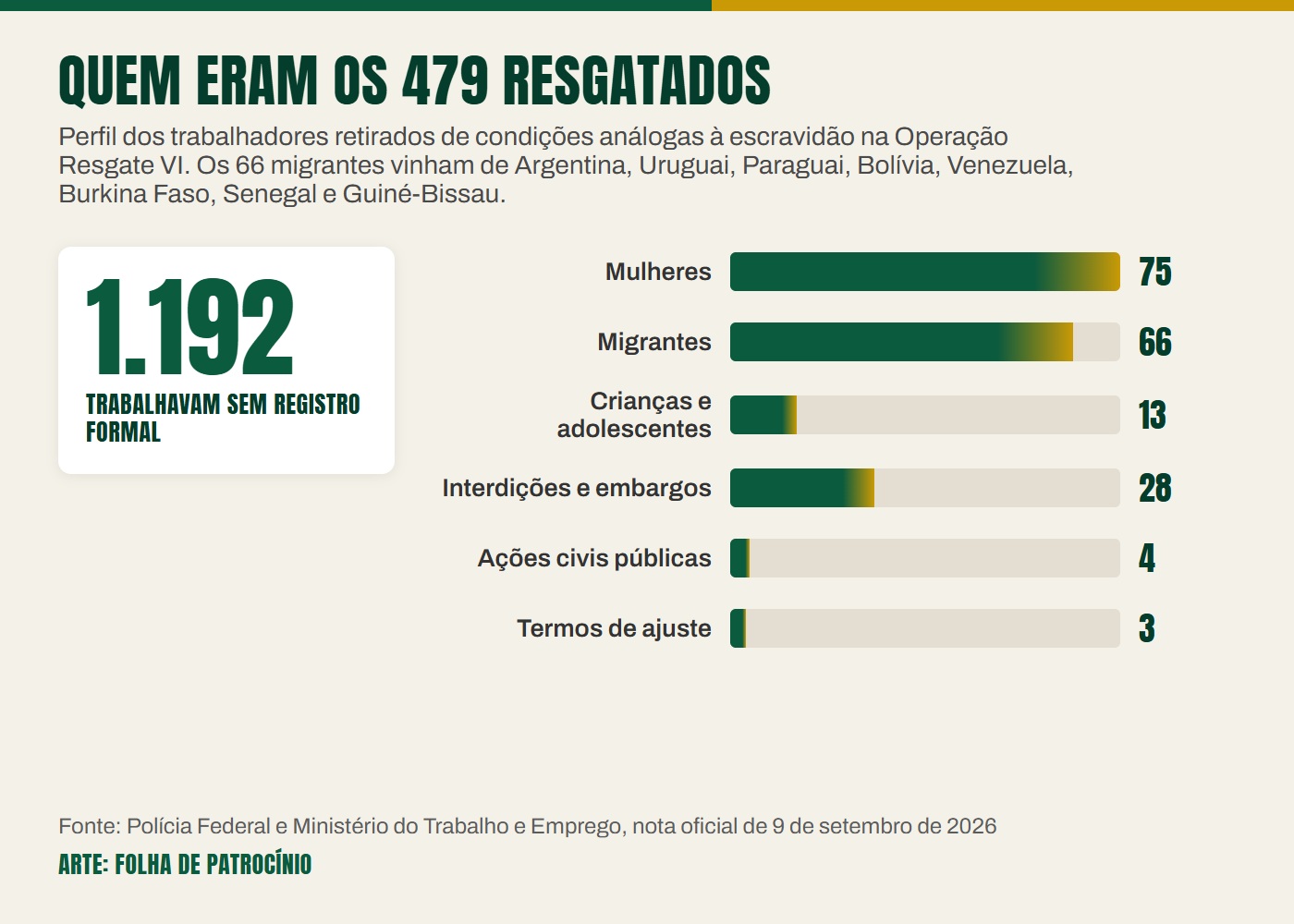 Gráfico da Folha de Patrocínio com o perfil dos trabalhadores resgatados de trabalho análogo à escravidão na Operação Resgate VI