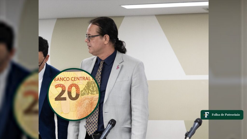 Deputado estadual Elismar Prado em reunião na ALMG, com uma cédula de 20 reais em destaque num círculo, ilustrando a verba de Elismar Prado