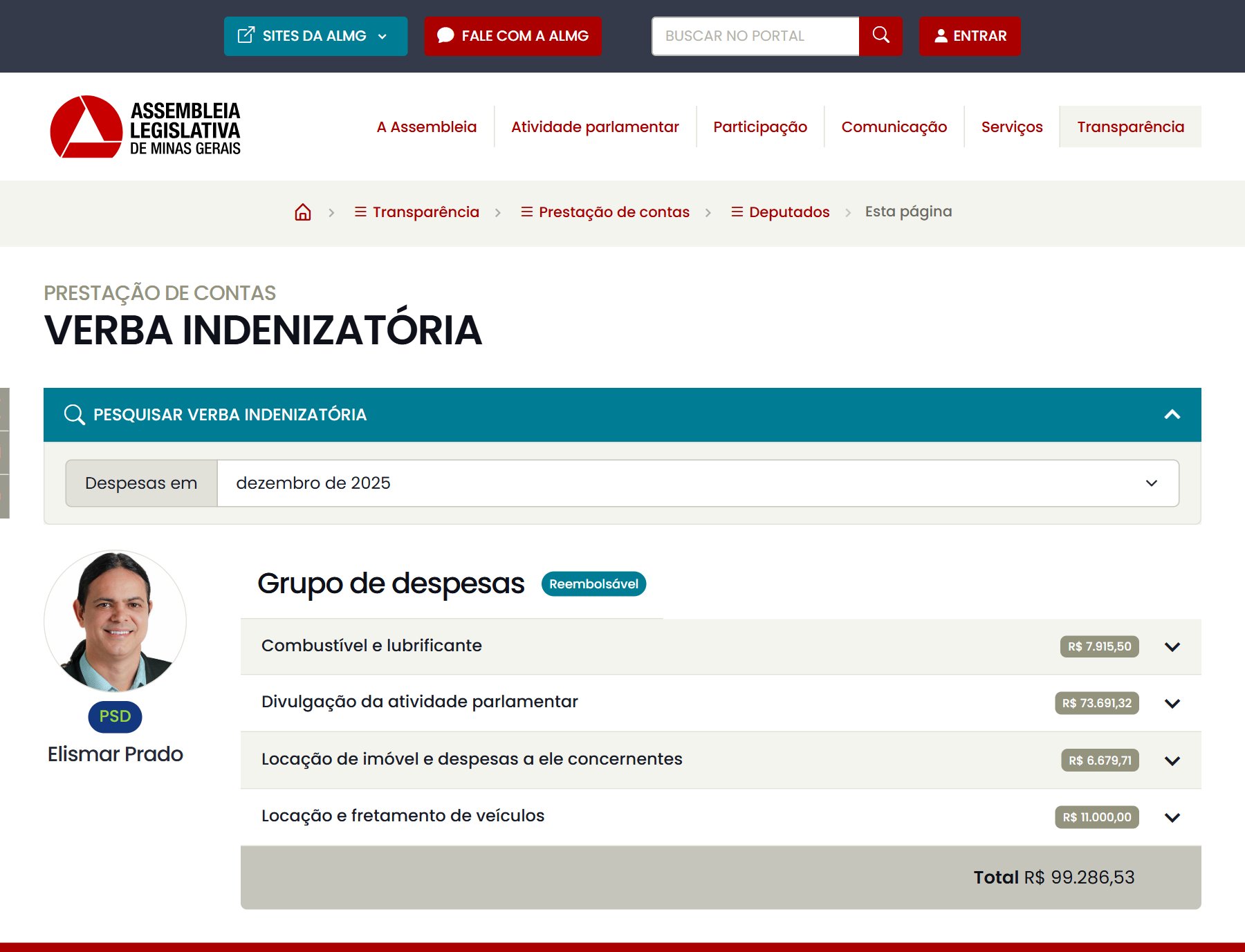 Print do portal da ALMG com a verba de Elismar Prado em dezembro de 2025, total de R$ 99.286,53