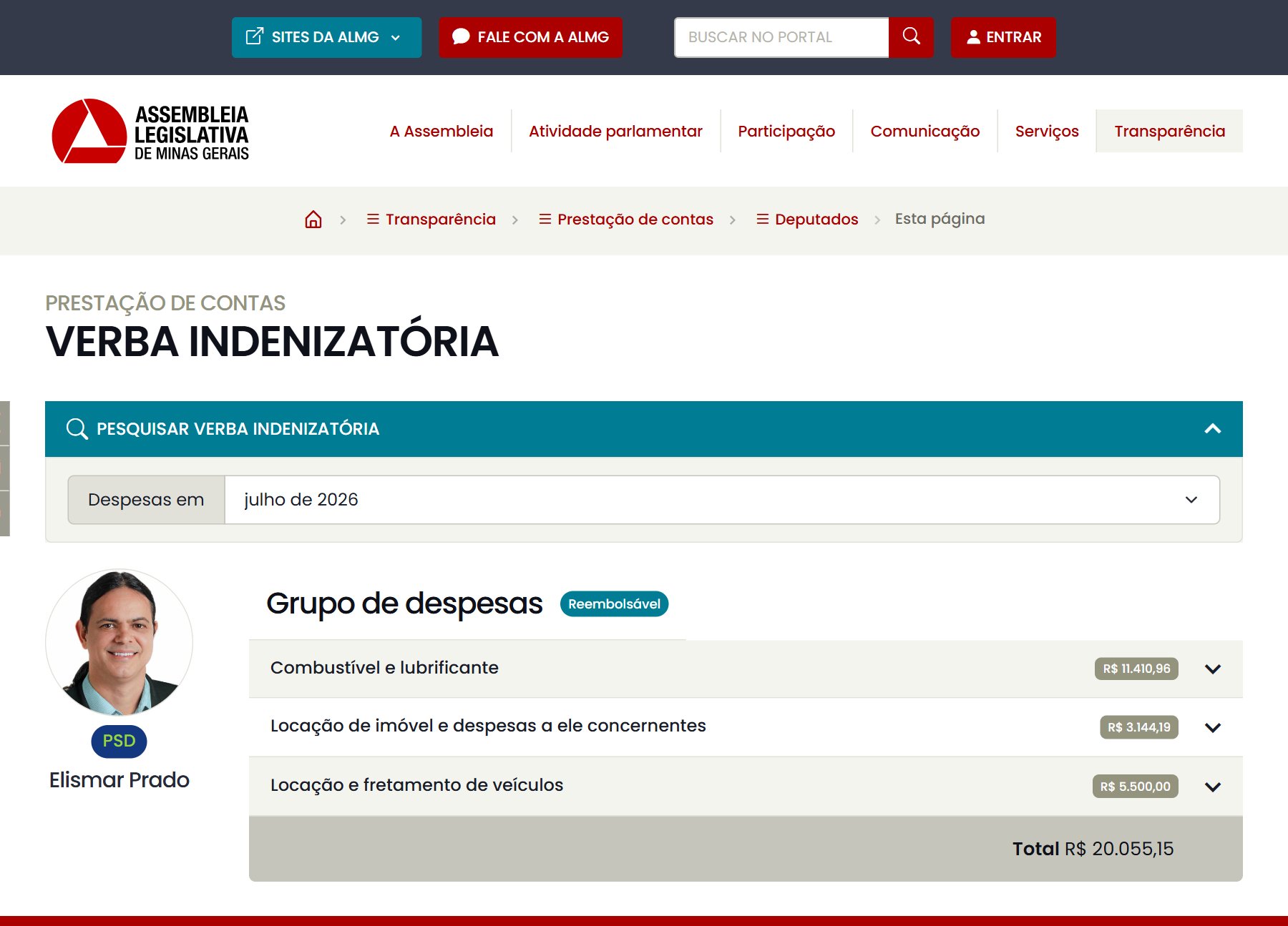 Print do portal da ALMG com a verba de Elismar Prado em julho de 2026