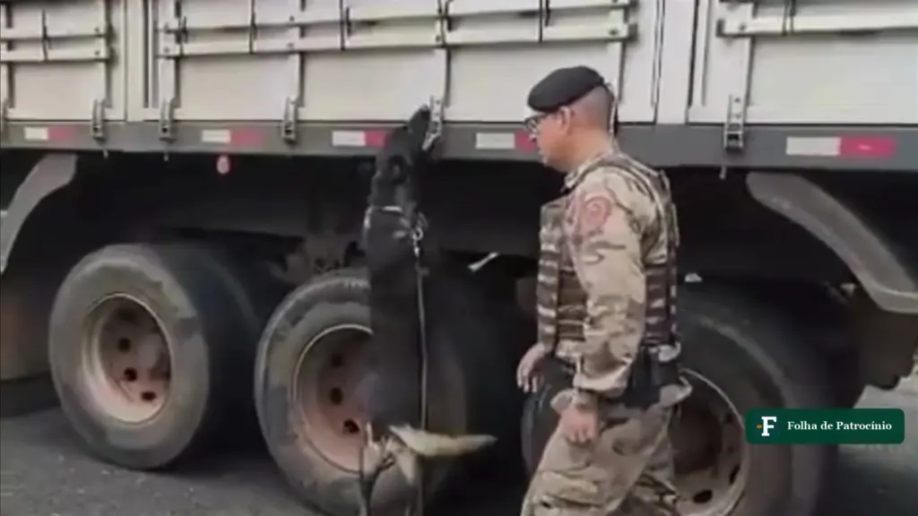 Militar da PM e cão de faro inspecionam a lateral de um caminhão na MGC-497, em Uberlândia