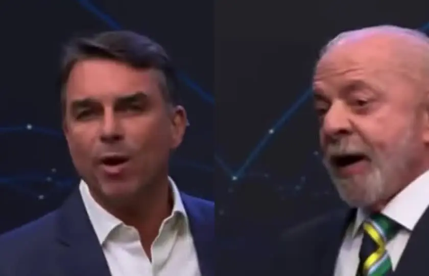Abertura do debate da Band: Flávio Bolsonaro e Lula falam ao público no estúdio da emissora