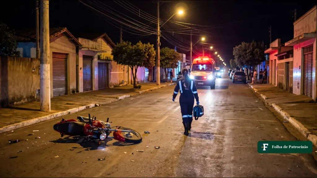 Ilustração gerada por IA de uma enfermeira indo até uma moto caída numa avenida à noite, cena do acidente de moto em Patrocínio