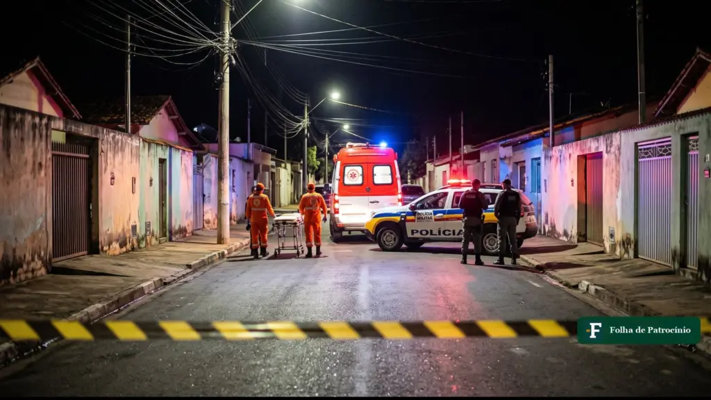 Imagem ilustrativa criada com IA: ambulância do Samu e viatura da PM em rua de bairro de Patrocínio à noite