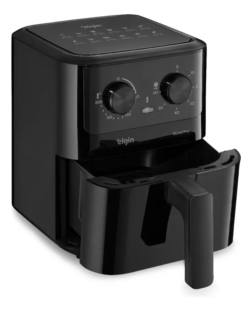 Air fryer Elgin Quad Fry com o cesto antiaderente aberto e a alça para fora