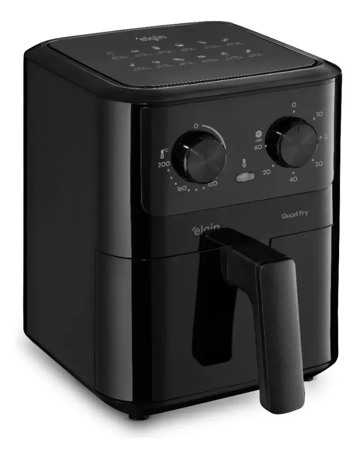 Air fryer Elgin Quad Fry preta vista em três quartos, com a alça do cesto à frente