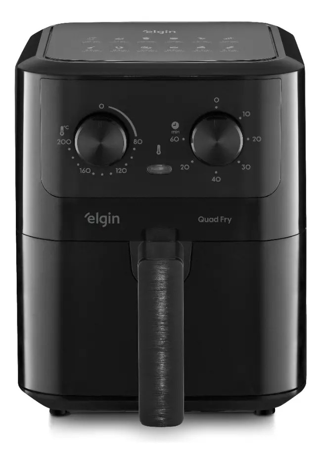 Air fryer Elgin Quad Fry de 4,2 litros vista de frente, com dois botões giratórios e cesto preto