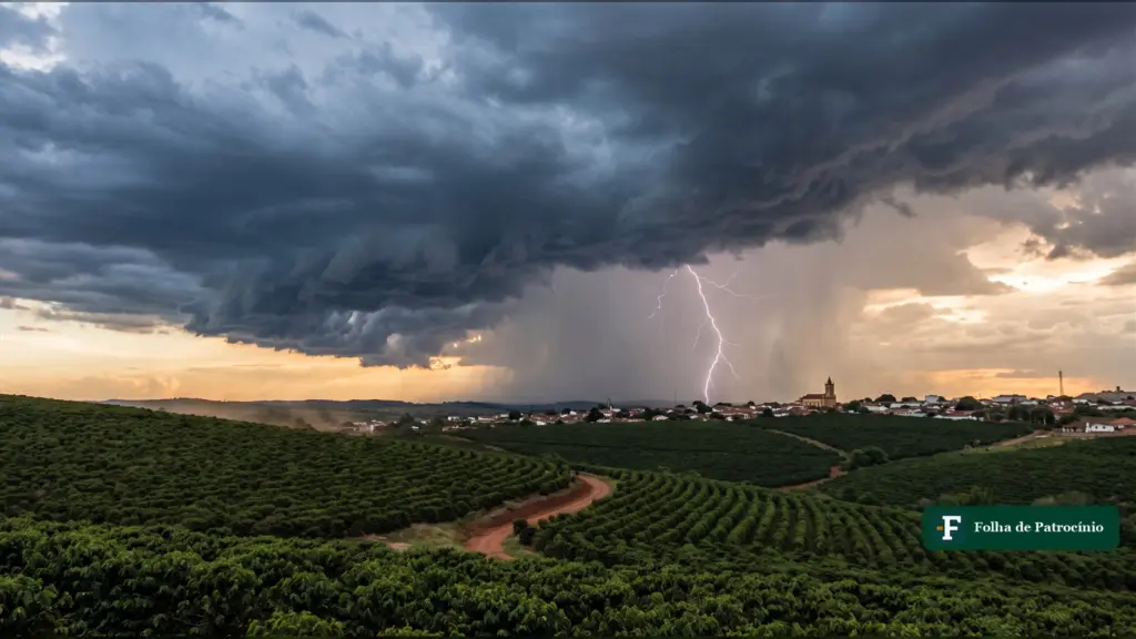 Ilustração gerada por IA de uma tempestade sobre cafezais e uma cidade do Cerrado Mineiro, no alerta de tempestade em Patrocínio