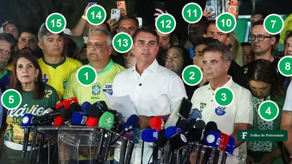 Aliados de Flávio Bolsonaro ao redor dele no palanque da noite do segundo turno, numerados de 1 a 15