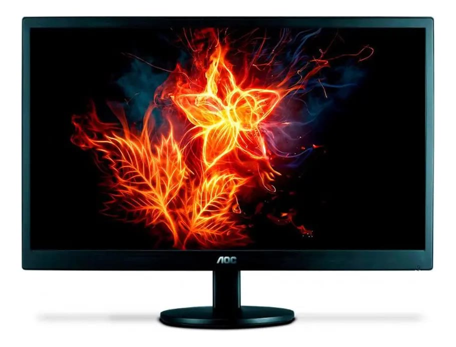 Monitor AOC E970SWHNL de 18,5 polegadas visto de frente, com imagem de flor de fogo na tela