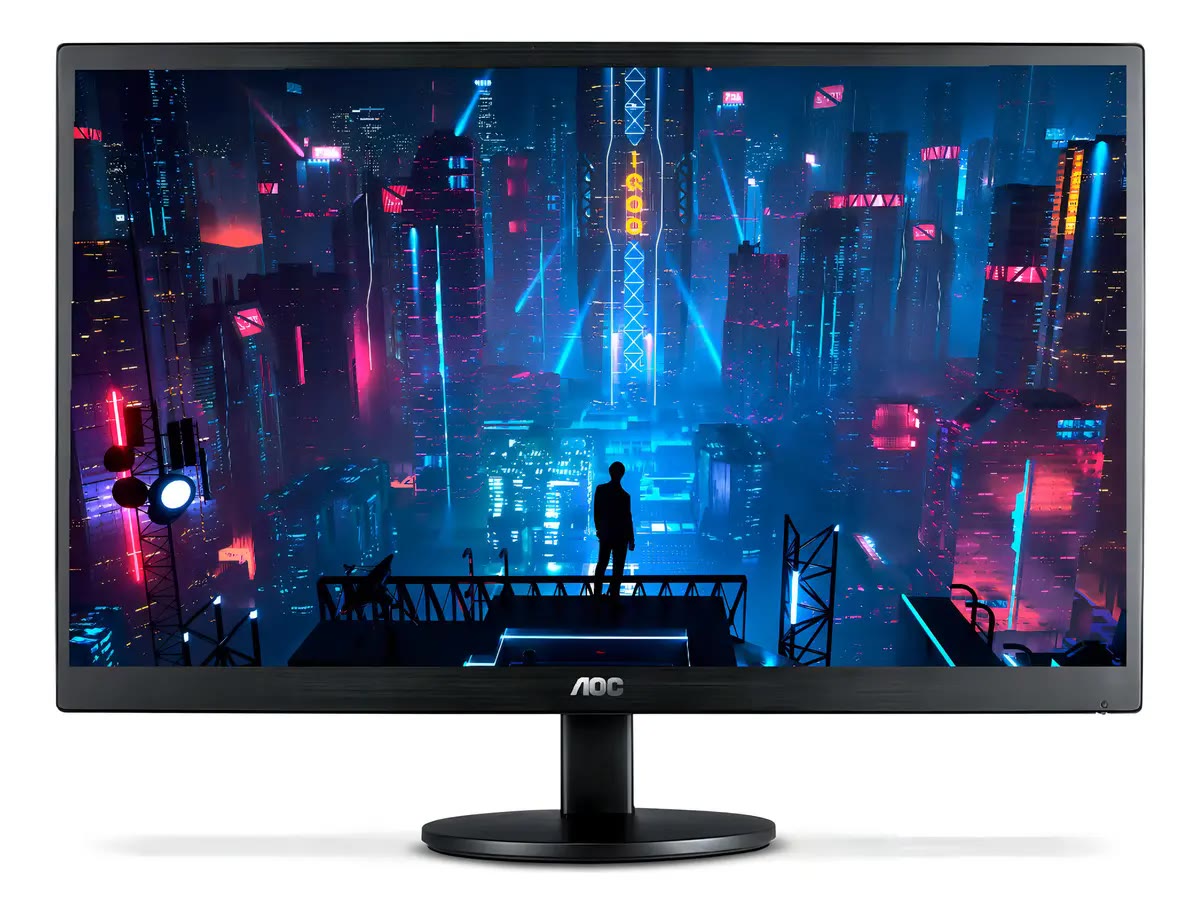 Monitor AOC E970SWHNL com tela exibindo cena de cidade futurista