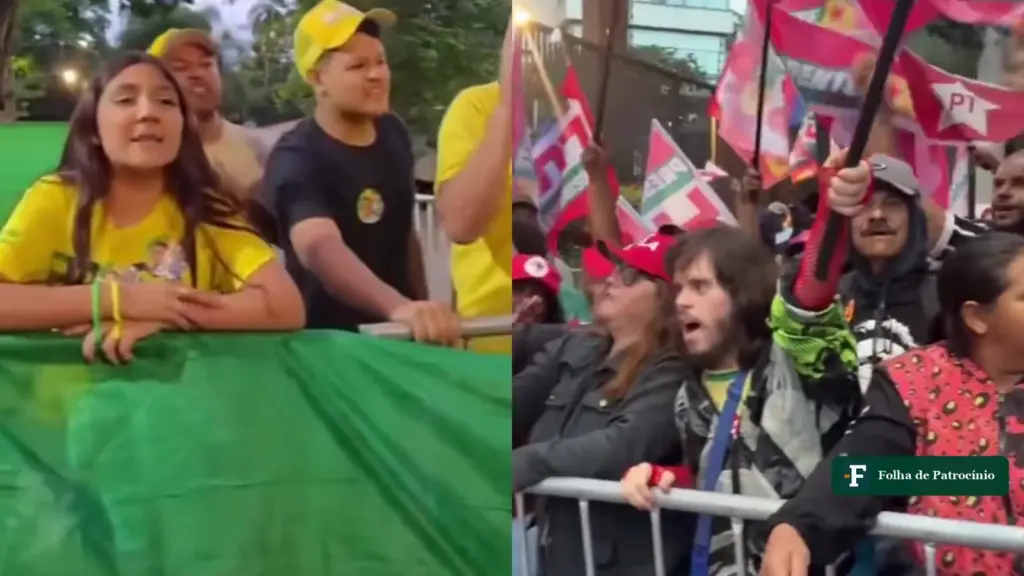 Apoiadores na porta da Band: eleitores de Flávio com bandeira do Brasil e de Lula com bandeiras do PT, em São Paulo