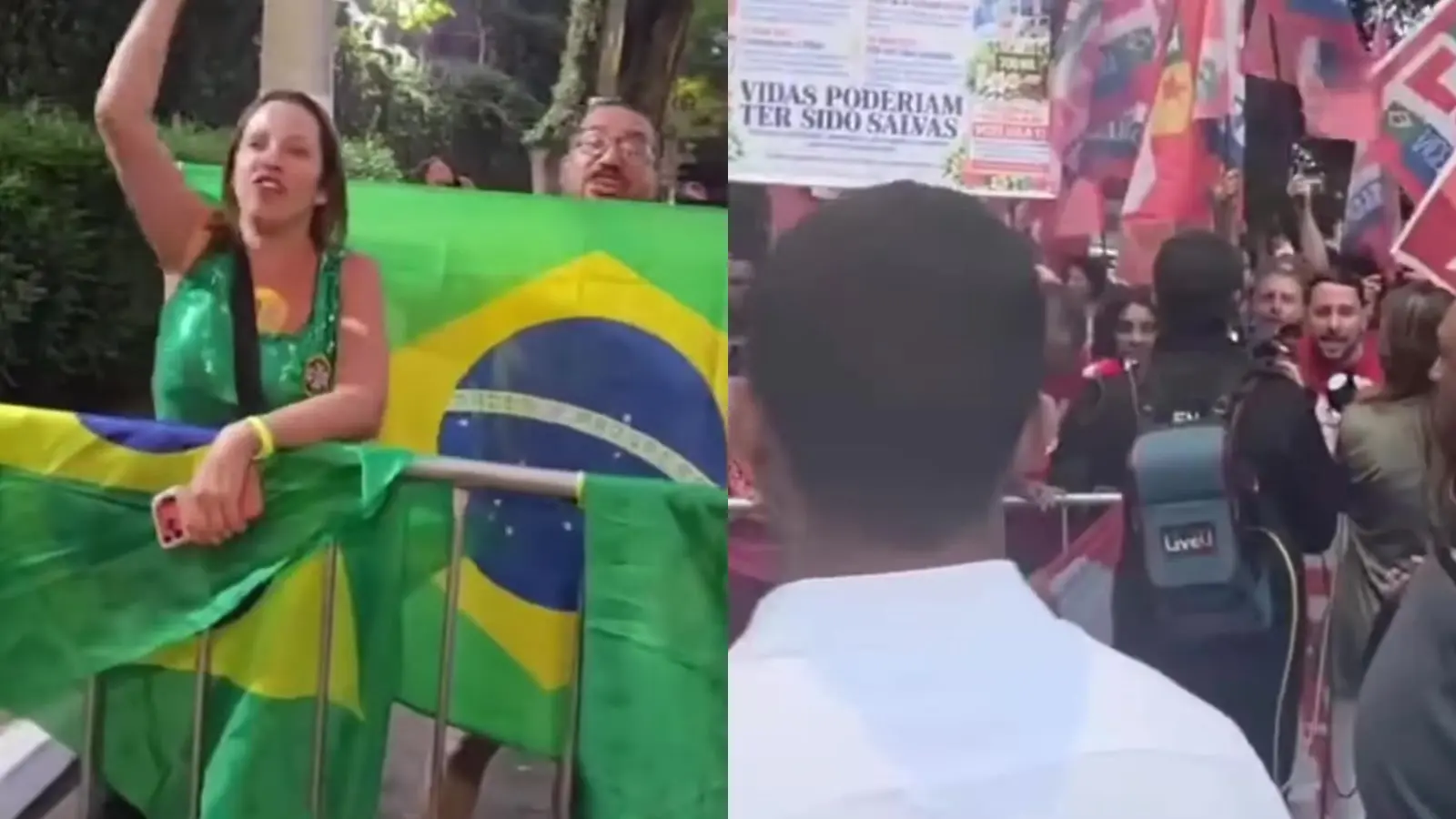 Apoiadores na porta da Band: eleitora de Flávio com bandeira do Brasil e eleitores de Lula com faixa e bandeiras do PT