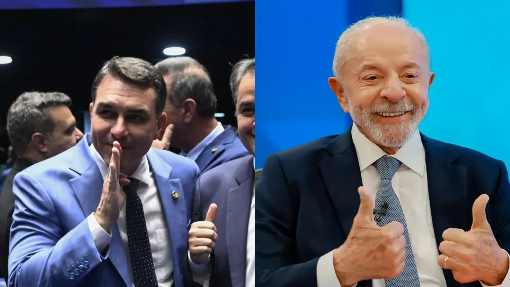 Flávio Bolsonaro sorrindo no plenário do Senado e Lula sorrindo com os polegares para cima em estúdio de TV, lado a lado