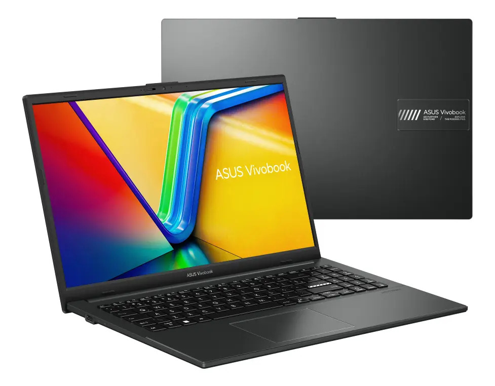 Notebook Asus Vivobook Go 15 aberto, visto em três quartos, com a tampa preta ao fundo