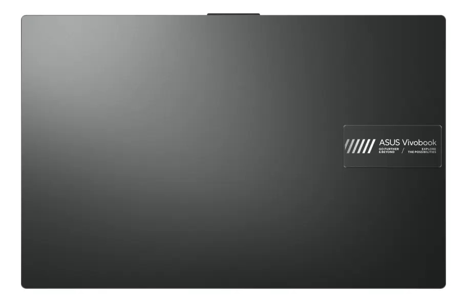 Tampa preta do notebook Asus Vivobook Go 15 vista de frente, com o logotipo Vivobook