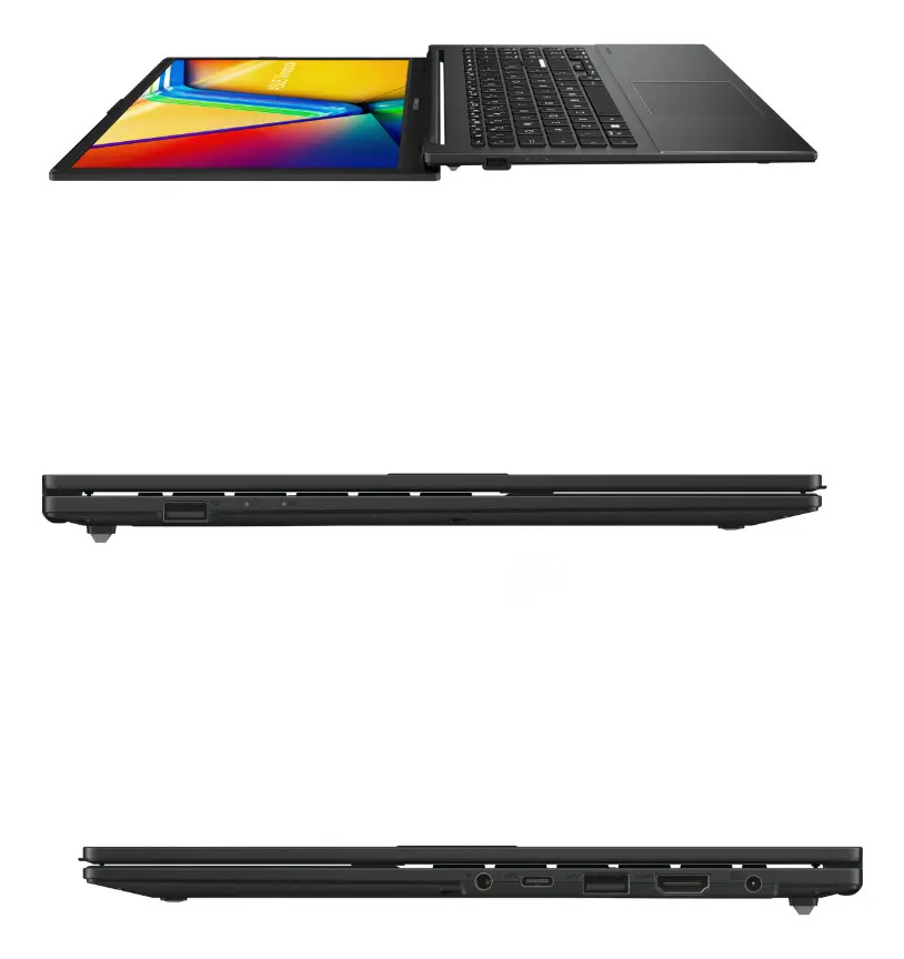 Notebook Asus Vivobook Go 15 aberto e duas vistas laterais com as portas USB, HDMI e USB-C